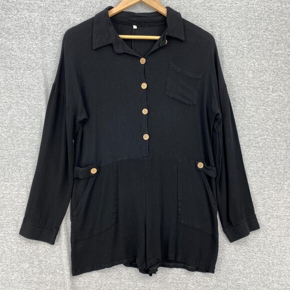 Romper Womens Large Black 1/2 Button Up Collar Pockets Chic Long Sleeves - Picture 1 of 11